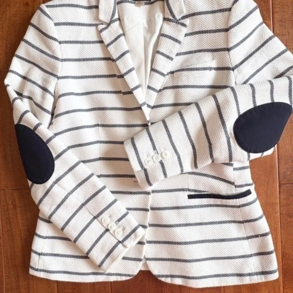 VTG Tommy Hilfiger Womens Navy Striped Blazer‎ Size 10 Elbow Patches